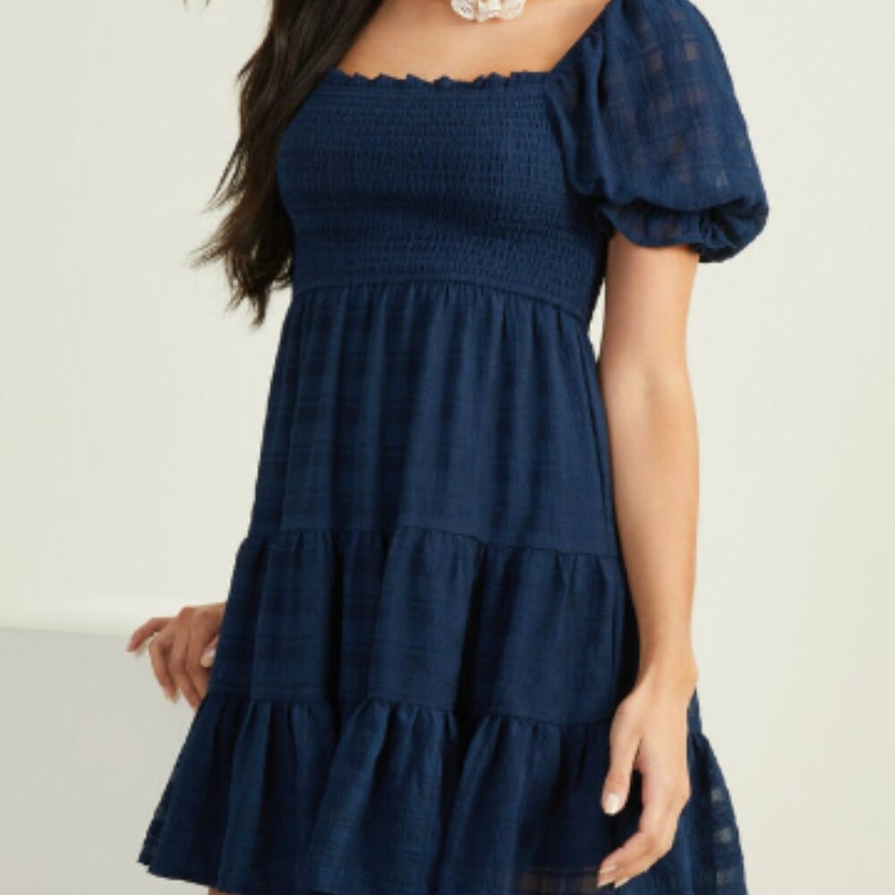 Black Smocked Puff Sleeve Tiered Mini Dress (Size M)
